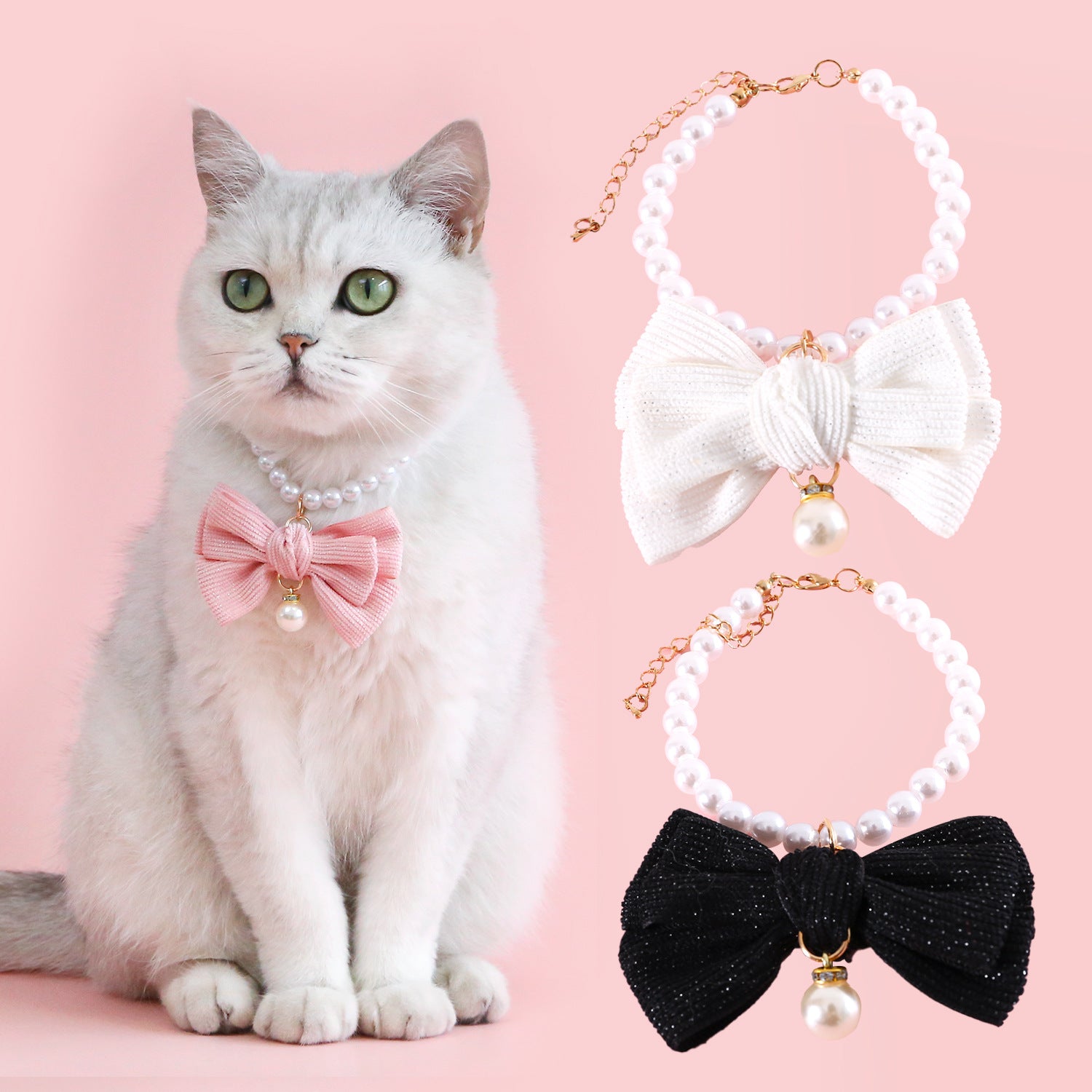 New Pet Pearl Diamond Bow Necklace Princess Wind Velvet Bow Tie Pendant Birthday Cat Puppy Collar
