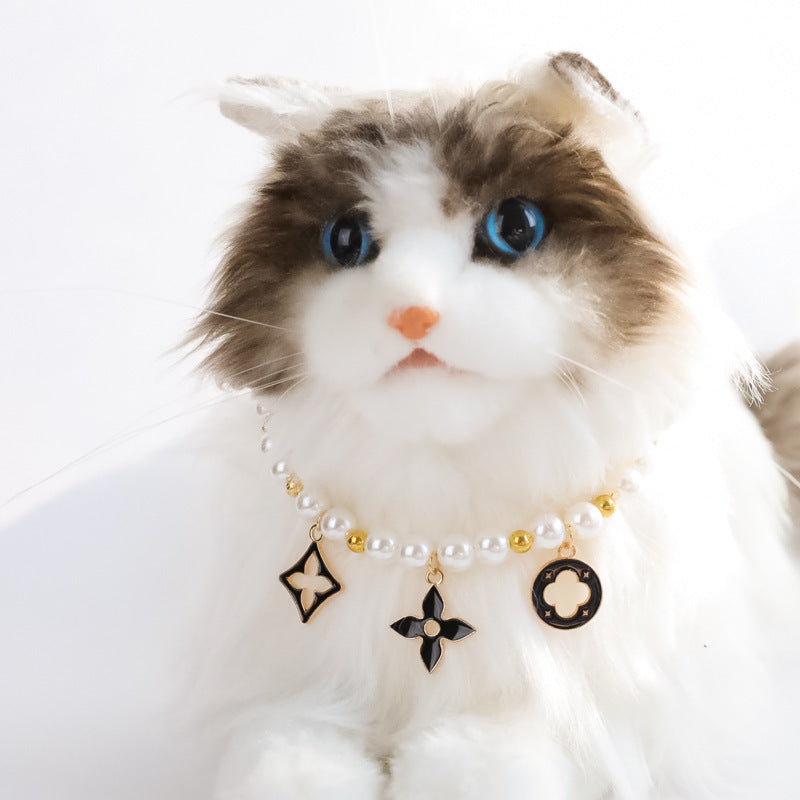 Cross-border hot-selling pet collar kitten dog bell pearl necklace lady jewelry four-leaf clover pet collar