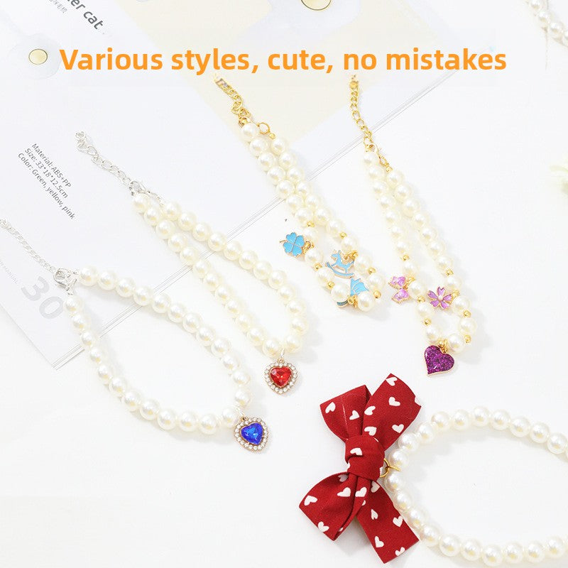 Pearl love pendant pet necklace, imitation pearl British lace pearl bow pet collar