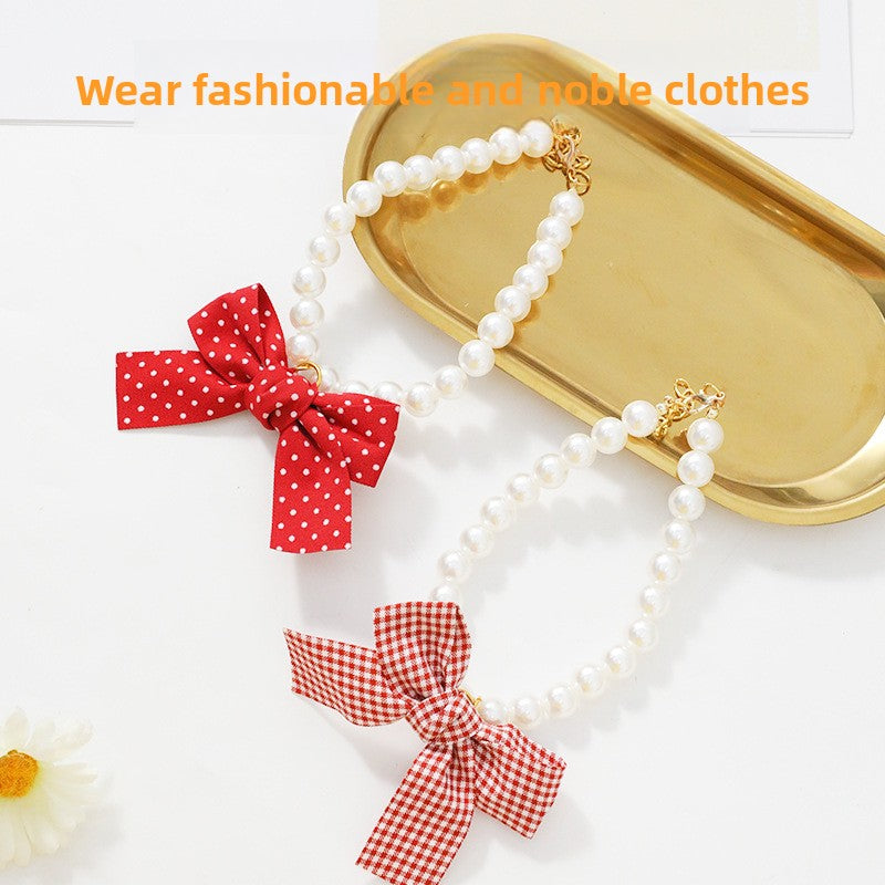 Pearl love pendant pet necklace, imitation pearl British lace pearl bow pet collar